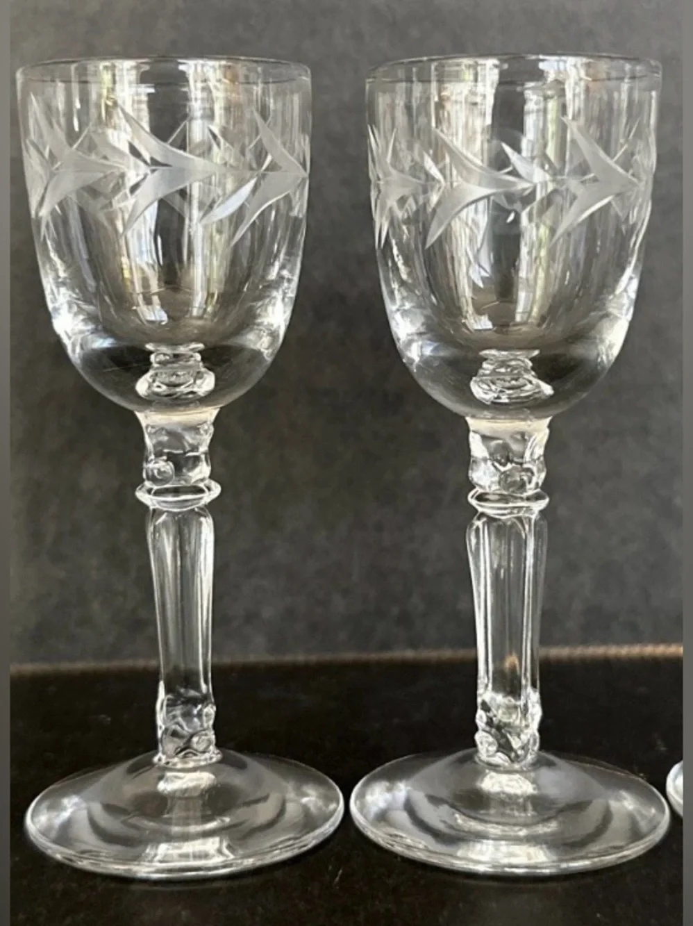 Fostoria Holly Cordial Glass Manganese UV Glow Set of 2 MCM Apéritif 3.75